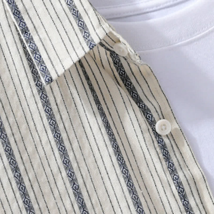 Buddha Stones Camicia da uomo estiva casual a maniche corte in cotone a righe con bottoni e taschino applicato - image 3