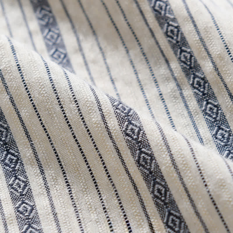 Buddha Stones Camicia da uomo estiva casual a maniche corte in cotone a righe con bottoni e taschino applicato - image 7
