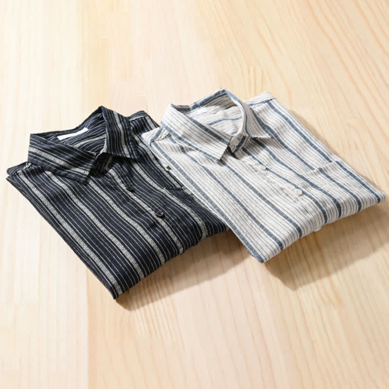 Buddha Stones Camicia da uomo estiva casual a maniche corte in cotone a righe con bottoni e taschino applicato - image 13