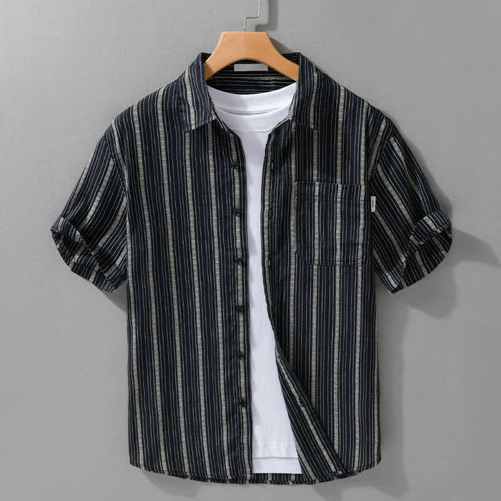 Buddha Stones Camicia da uomo estiva casual a maniche corte in cotone a righe con bottoni e taschino applicato - Nero - US/UK/AU42, EU52 (3XL) - image 8