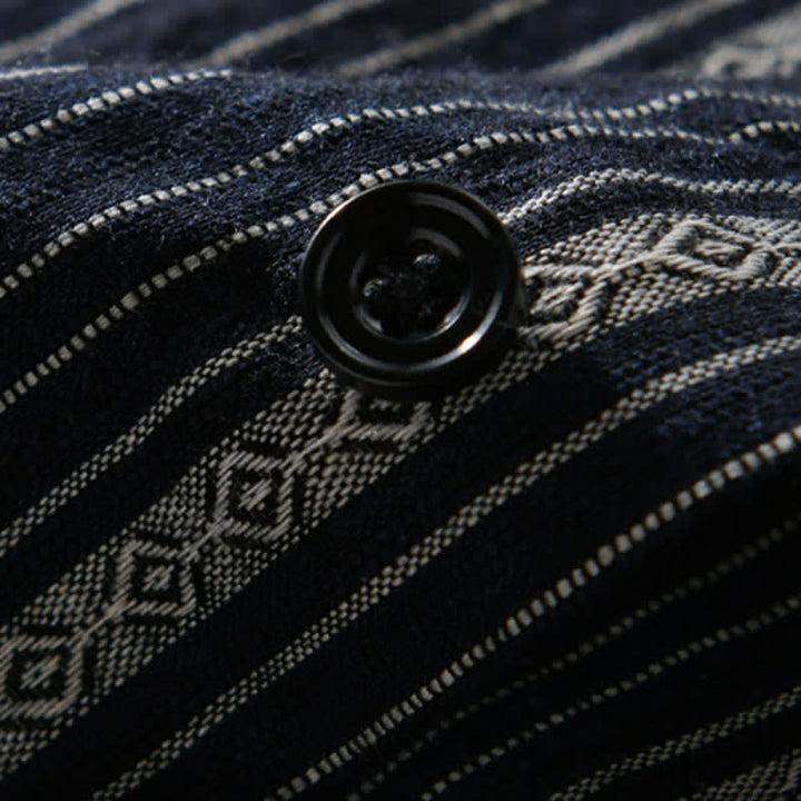 Buddha Stones Camicia da uomo estiva casual a maniche corte in cotone a righe con bottoni e taschino applicato - image 11