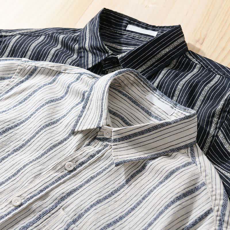 Buddha Stones Camicia da uomo estiva casual a maniche corte in cotone a righe con bottoni e taschino applicato - image 15