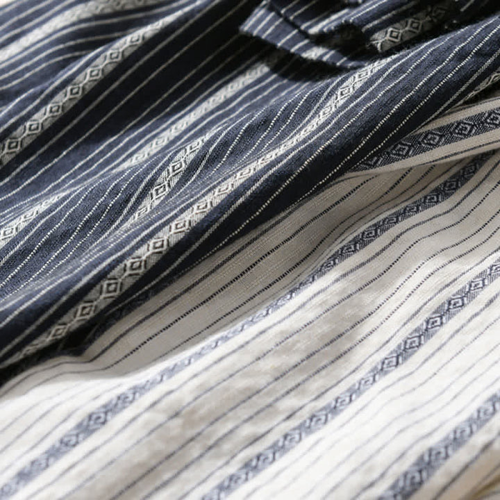 Buddha Stones Camicia da uomo estiva casual a maniche corte in cotone a righe con bottoni e taschino applicato - image 17