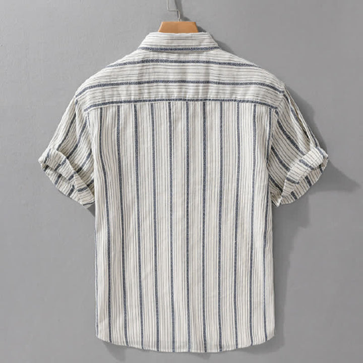 Buddha Stones Camicia da uomo estiva casual a maniche corte in cotone a righe con bottoni e taschino applicato - image 1