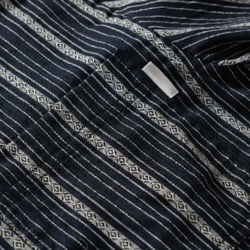 Buddha Stones Camicia da uomo estiva casual a maniche corte in cotone a righe con bottoni e taschino applicato - image 10