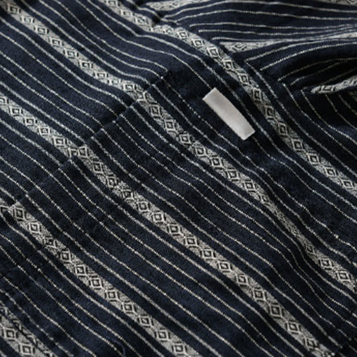 Buddha Stones Camicia da uomo estiva casual a maniche corte in cotone a righe con bottoni e taschino applicato - image 10