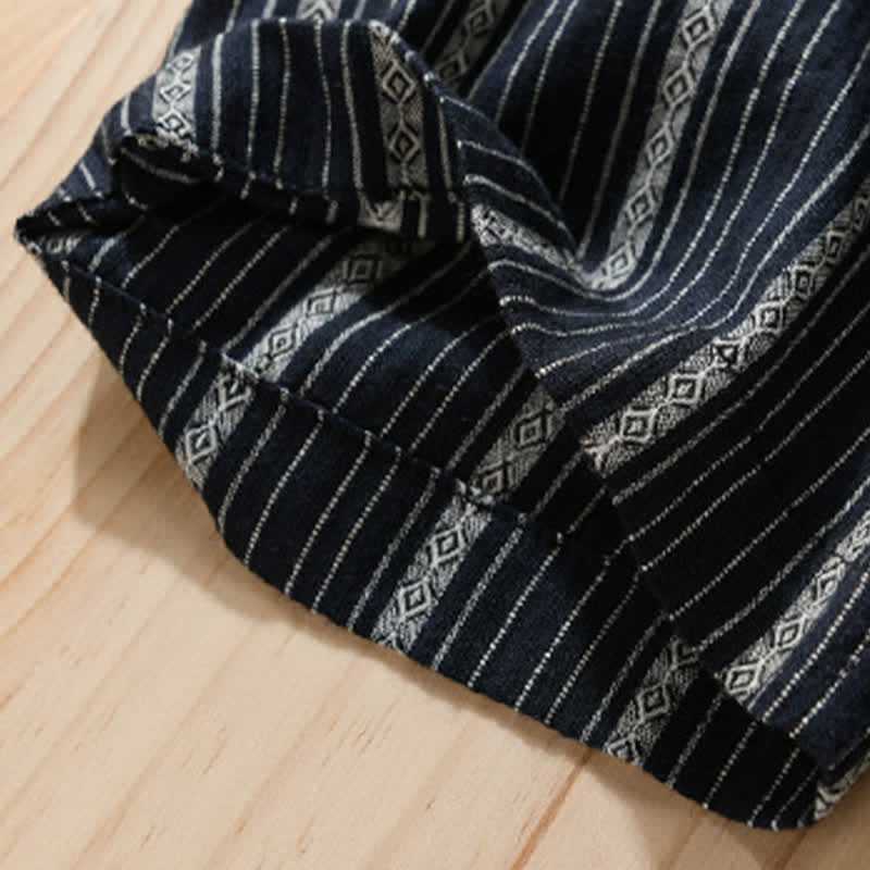 Buddha Stones Camicia da uomo estiva casual a maniche corte in cotone a righe con bottoni e taschino applicato - image 12
