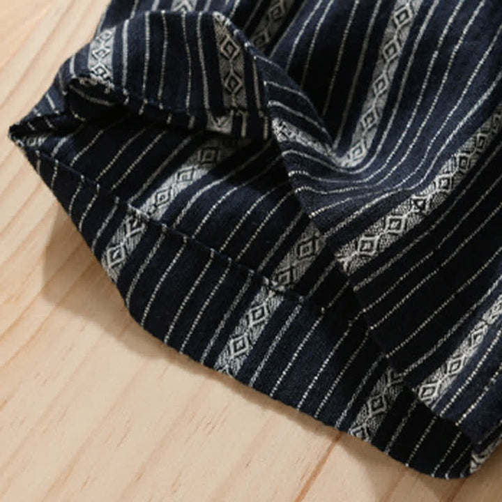 Buddha Stones Camicia da uomo estiva casual a maniche corte in cotone a righe con bottoni e taschino applicato - image 12