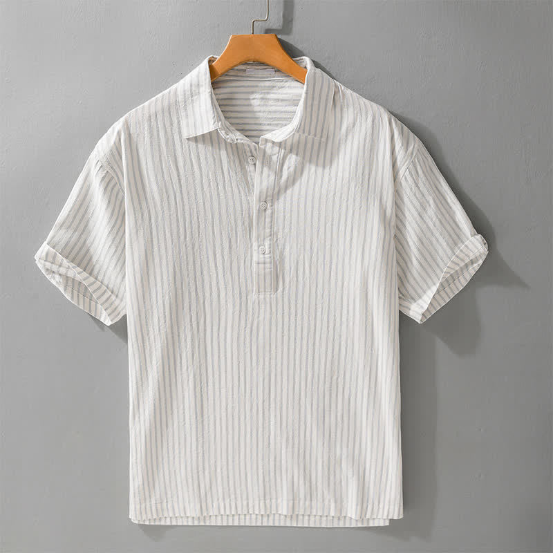 Buddha Stones Camicia da uomo estiva casual minimalista a maniche corte in cotone a righe con mezzo bottone. - Bianco Floreale - US/UK/AU42, EU52 (3XL) - image 0
