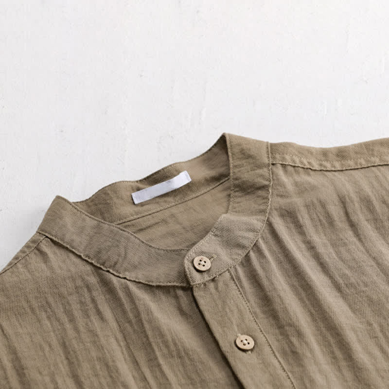 Buddha Stones Camicia da uomo estiva a maniche corte, stile Tang, casual, con colletto alla coreana, mezzo bottone e taschino applicato. - image 1
