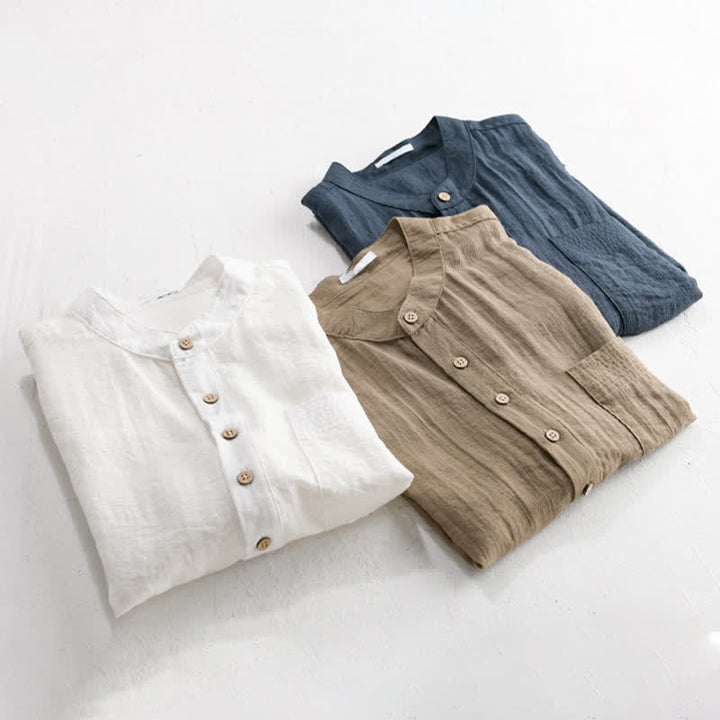 Buddha Stones Camicia da uomo estiva a maniche corte, stile Tang, casual, con colletto alla coreana, mezzo bottone e taschino applicato. - image 19