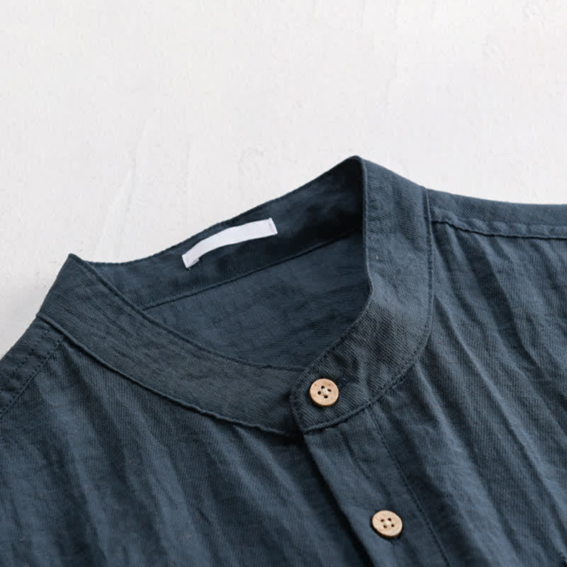 Buddha Stones Camicia da uomo estiva a maniche corte, stile Tang, casual, con colletto alla coreana, mezzo bottone e taschino applicato. - image 7
