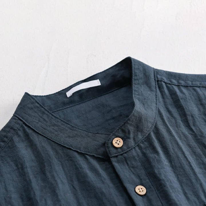 Buddha Stones Camicia da uomo estiva a maniche corte, stile Tang, casual, con colletto alla coreana, mezzo bottone e taschino applicato. - image 7