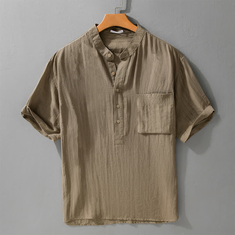 Buddha Stones Camicia da uomo estiva a maniche corte, stile Tang, casual, con colletto alla coreana, mezzo bottone e taschino applicato. - Tan - US/UK/AU42, EU52 (3XL) - image 0