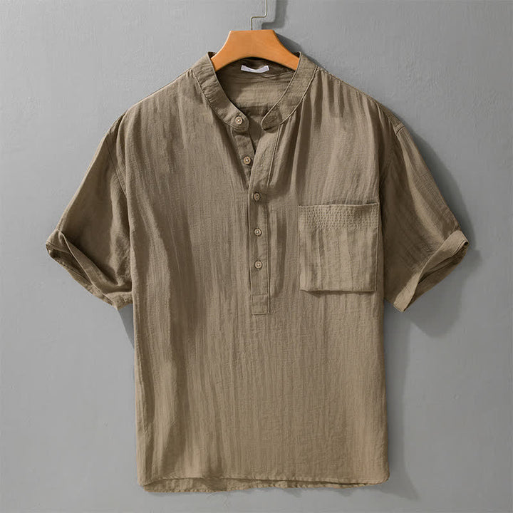 Buddha Stones Camicia da uomo estiva a maniche corte, stile Tang, casual, con colletto alla coreana, mezzo bottone e taschino applicato. - Tan - US/UK/AU42, EU52 (3XL) - image 0