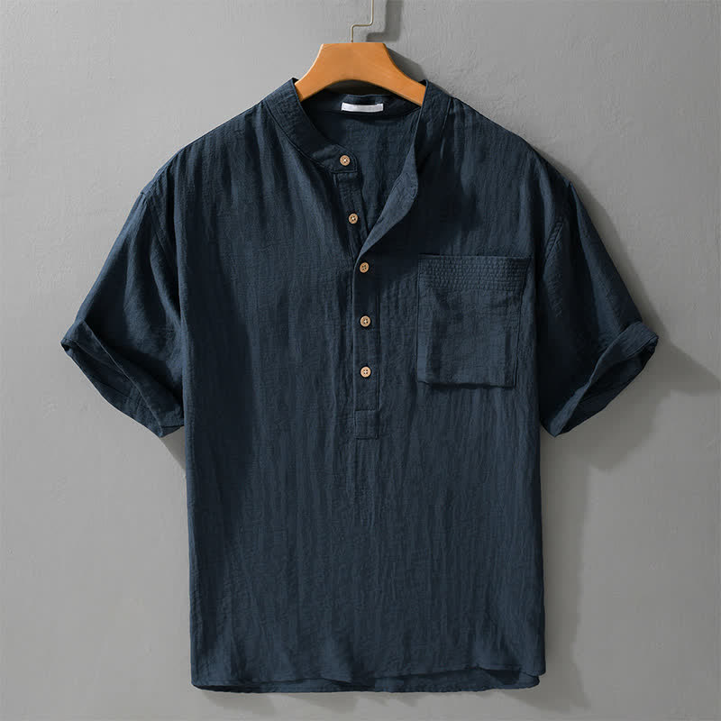 Buddha Stones Camicia da uomo estiva a maniche corte, stile Tang, casual, con colletto alla coreana, mezzo bottone e taschino applicato. - Blu notte - US/UK/AU42, EU52 (3XL) - image 6