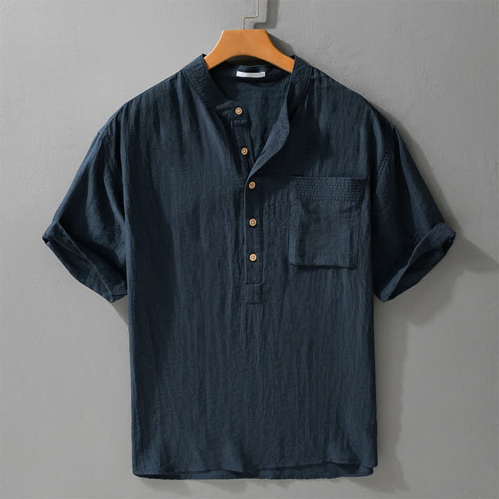 Buddha Stones Camicia da uomo estiva a maniche corte, stile Tang, casual, con colletto alla coreana, mezzo bottone e taschino applicato. - Blu notte - US/UK/AU42, EU52 (3XL) - image 6