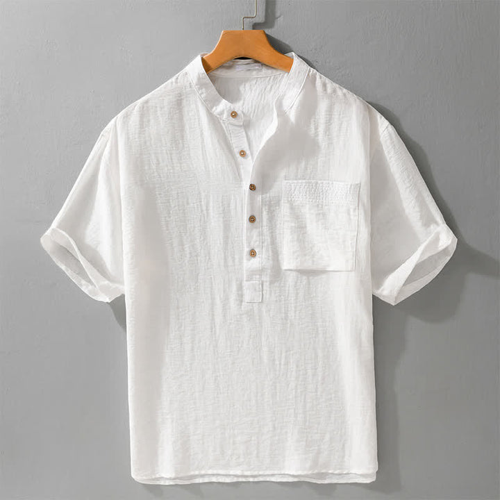 Buddha Stones Camicia da uomo estiva a maniche corte, stile Tang, casual, con colletto alla coreana, mezzo bottone e taschino applicato. - Bianco - US/UK/AU42, EU52 (3XL) - image 10