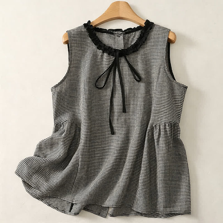 Buddha Stones Canotta estiva casual vintage a quadri con bottoni sul retro, senza maniche, da donna - Grigio - US12, UK/AU16, EU44 (2XL) - image 0