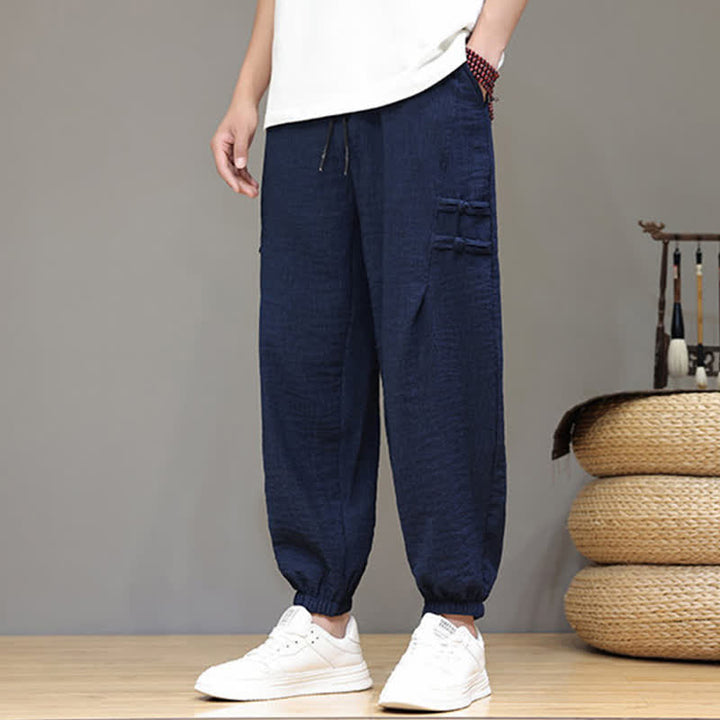 Buddha Stones Pantaloni estivi casual stile Tang, modello harem da uomo, a tinta unita, corti, con tasche. - image 1