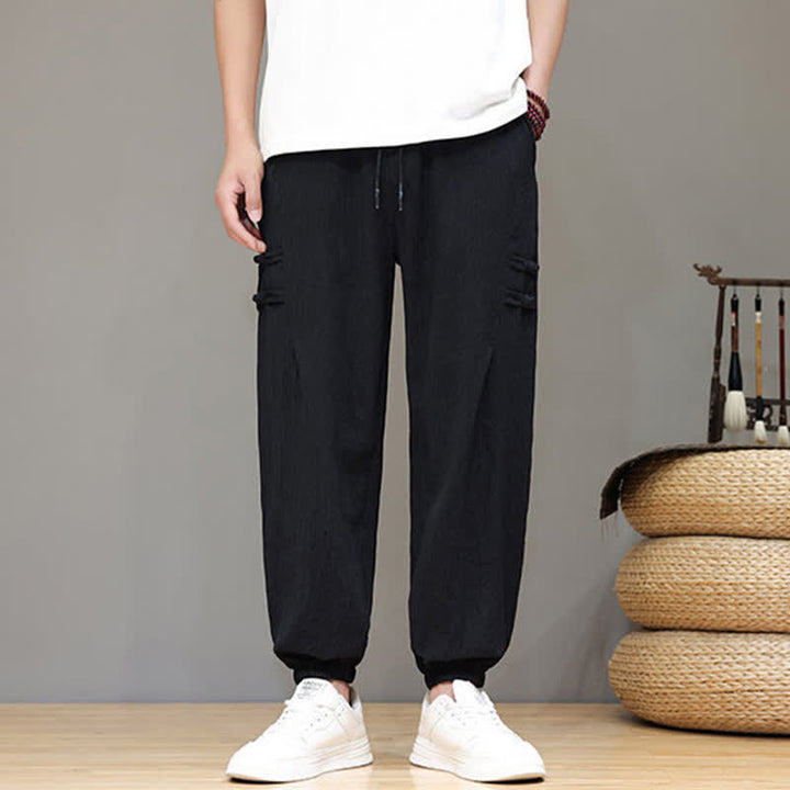 Buddha Stones Pantaloni estivi casual stile Tang, modello harem da uomo, a tinta unita, corti, con tasche. - Nero - US/UK/AU46, EU56 (5XL) - image 9