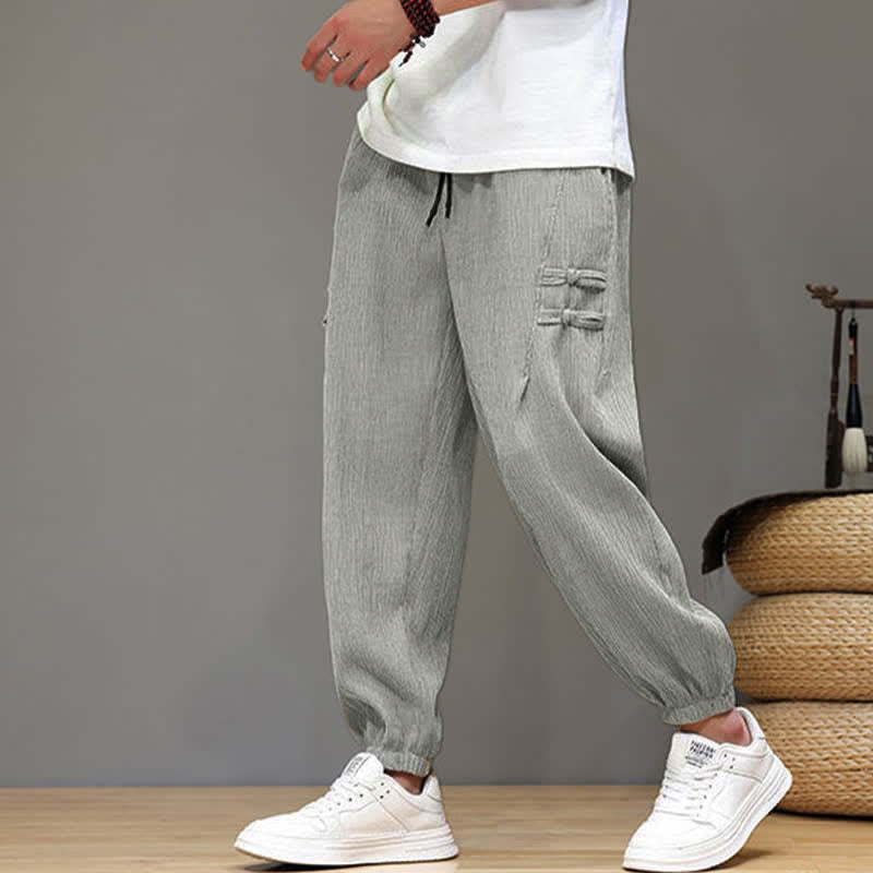 Buddha Stones Pantaloni estivi casual stile Tang, modello harem da uomo, a tinta unita, corti, con tasche. - Grigio chiaro - US/UK/AU46, EU56 (5XL) - image 17