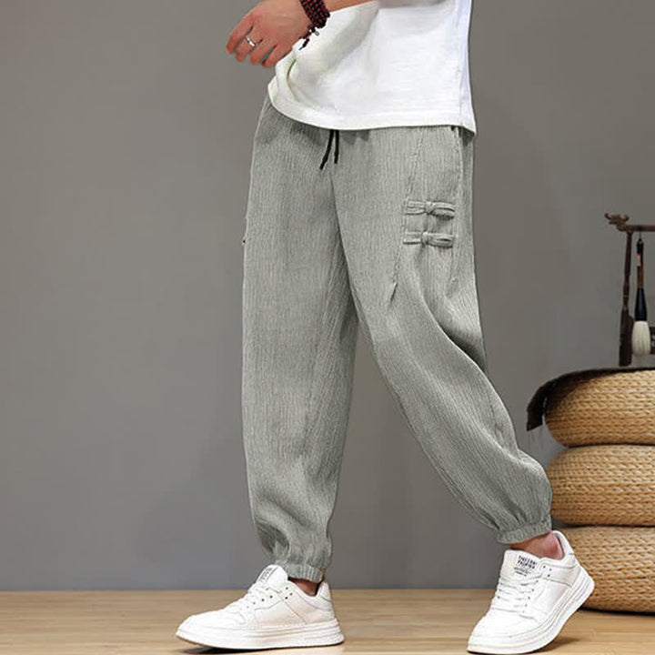 Buddha Stones Pantaloni estivi casual stile Tang, modello harem da uomo, a tinta unita, corti, con tasche. - Grigio chiaro - US/UK/AU46, EU56 (5XL) - image 17