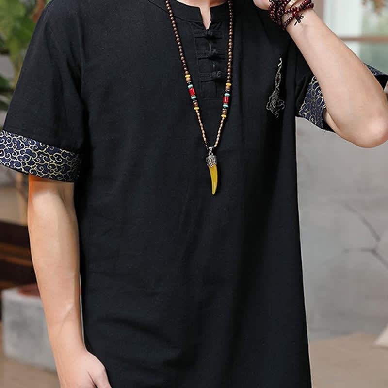 Buddha Stones Camicia da uomo a maniche corte, tinta unita, stile estivo Tang, con bottoni a forma di rana e ricamo a zucca. - image 9