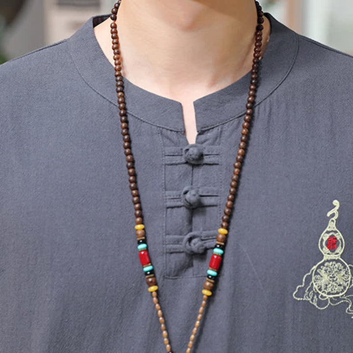Buddha Stones Camicia da uomo a maniche corte, tinta unita, stile estivo Tang, con bottoni a forma di rana e ricamo a zucca. - image 17