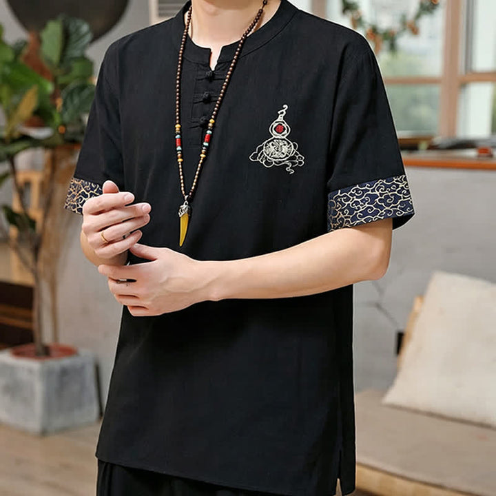 Buddha Stones Camicia da uomo a maniche corte, tinta unita, stile estivo Tang, con bottoni a forma di rana e ricamo a zucca. - image 6