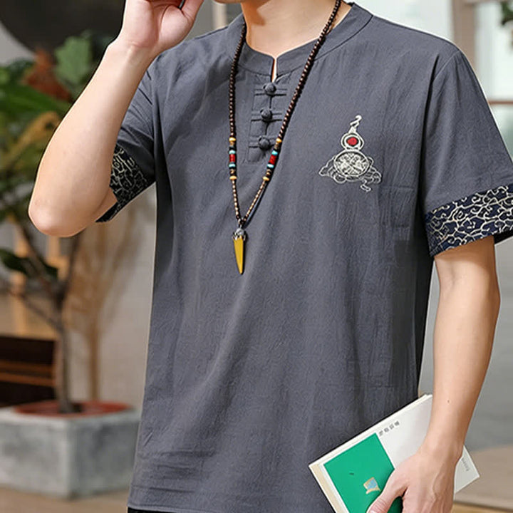 Buddha Stones Camicia da uomo a maniche corte, tinta unita, stile estivo Tang, con bottoni a forma di rana e ricamo a zucca. - image 16