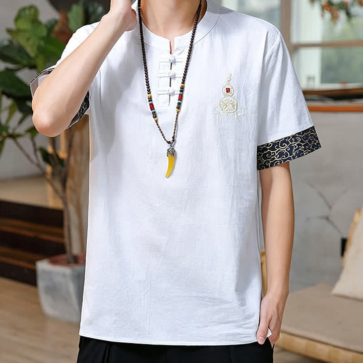 Buddha Stones Camicia da uomo a maniche corte, tinta unita, stile estivo Tang, con bottoni a forma di rana e ricamo a zucca. - image 24