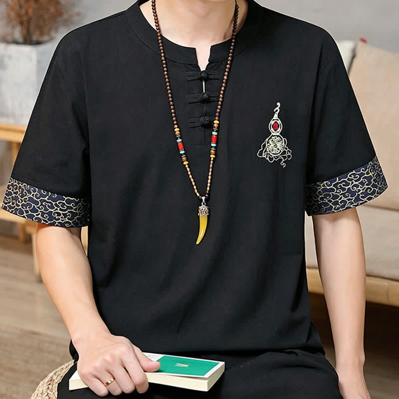 Buddha Stones Camicia da uomo a maniche corte, tinta unita, stile estivo Tang, con bottoni a forma di rana e ricamo a zucca. - image 7