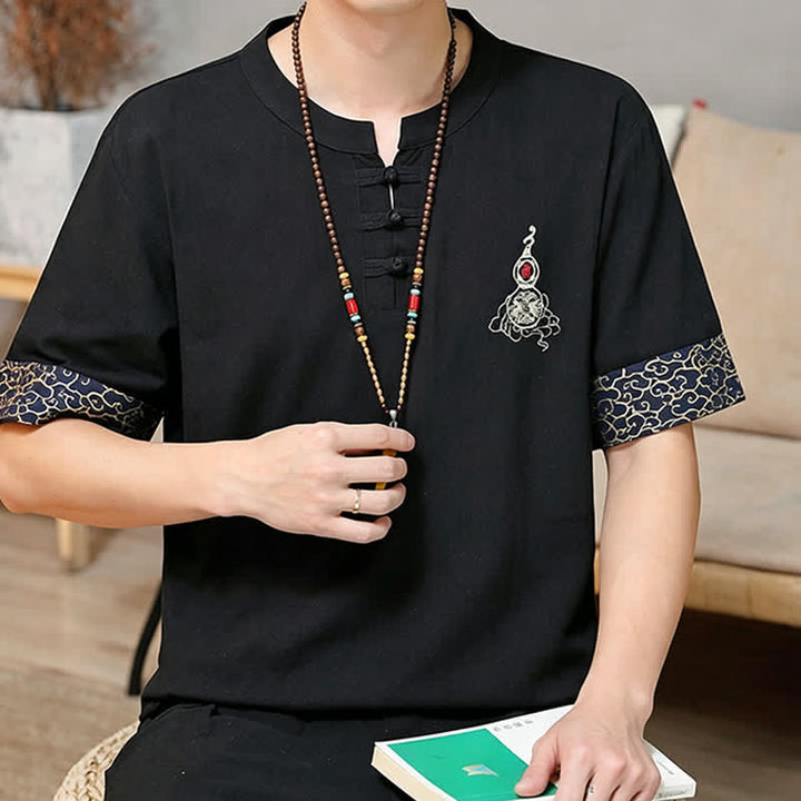 Buddha Stones Camicia da uomo a maniche corte, tinta unita, stile estivo Tang, con bottoni a forma di rana e ricamo a zucca. - image 8