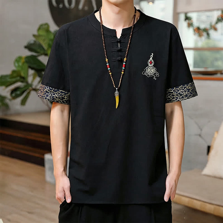 Buddha Stones Camicia da uomo a maniche corte, tinta unita, stile estivo Tang, con bottoni a forma di rana e ricamo a zucca. - Nero - US/UK/AU46, EU56 (5XL) - image 5