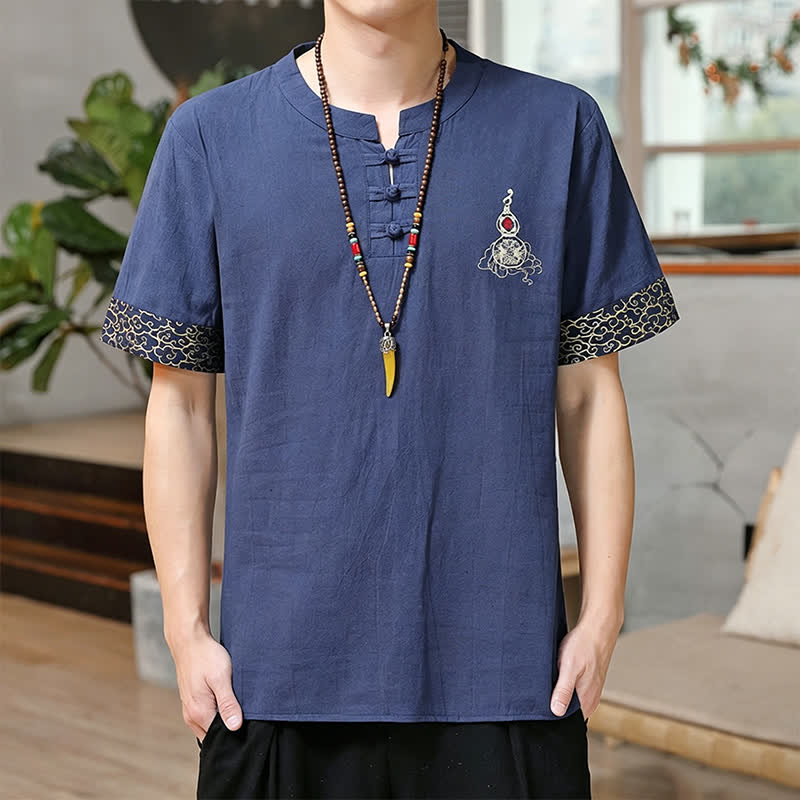 Buddha Stones Camicia da uomo a maniche corte, tinta unita, stile estivo Tang, con bottoni a forma di rana e ricamo a zucca. - SteelBlue - US/UK/AU46, EU56 (5XL) - image 0
