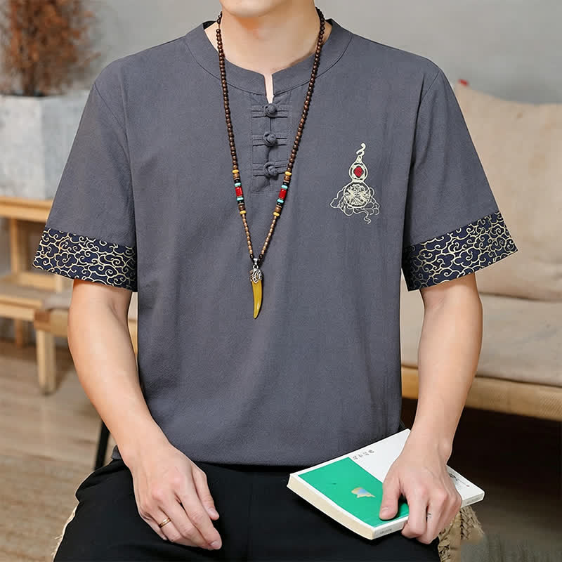 Buddha Stones Camicia da uomo a maniche corte, tinta unita, stile estivo Tang, con bottoni a forma di rana e ricamo a zucca. - image 13