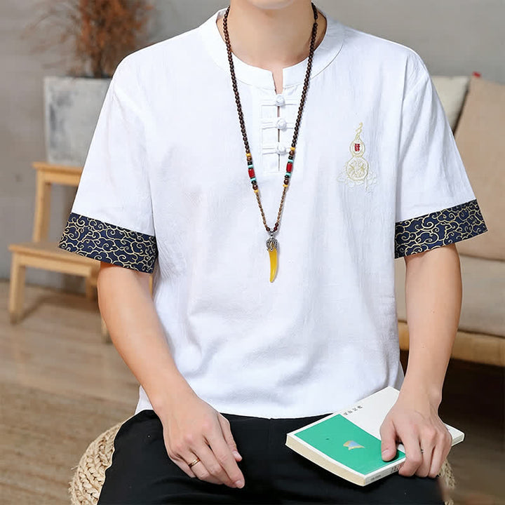 Buddha Stones Camicia da uomo a maniche corte, tinta unita, stile estivo Tang, con bottoni a forma di rana e ricamo a zucca. - image 26