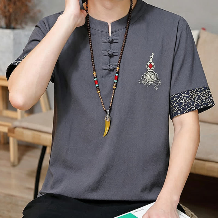 Buddha Stones Camicia da uomo a maniche corte, tinta unita, stile estivo Tang, con bottoni a forma di rana e ricamo a zucca. - image 15