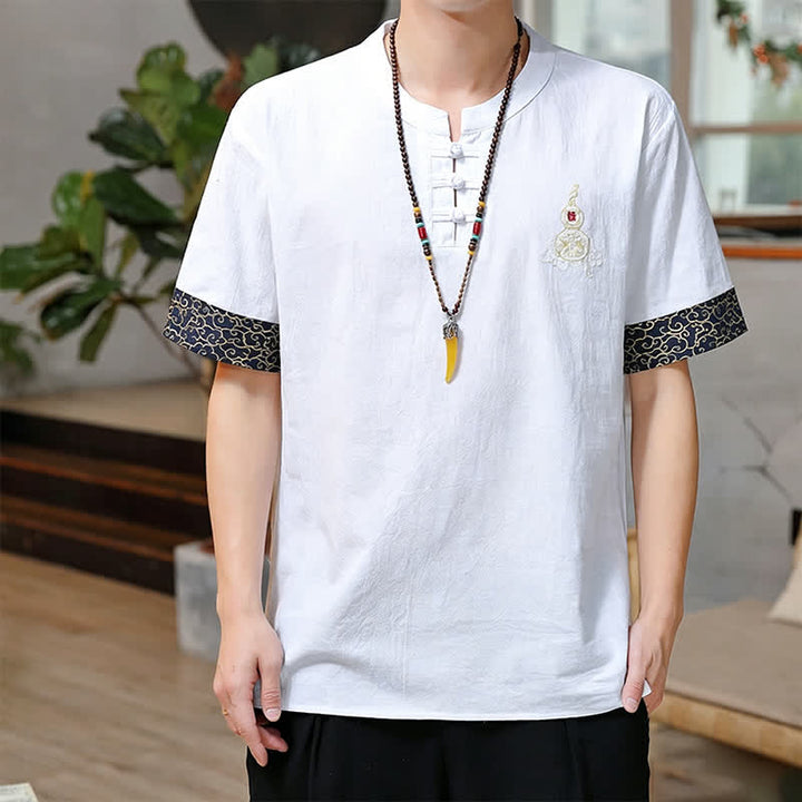 Buddha Stones Camicia da uomo a maniche corte, tinta unita, stile estivo Tang, con bottoni a forma di rana e ricamo a zucca. - Bianco - US/UK/AU46, EU56 (5XL) - image 23