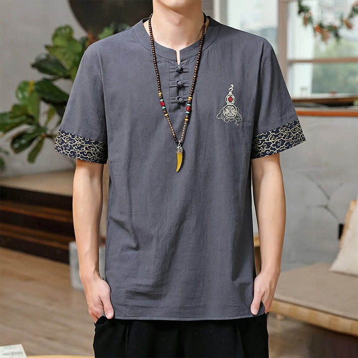 Buddha Stones Camicia da uomo a maniche corte, tinta unita, stile estivo Tang, con bottoni a forma di rana e ricamo a zucca. - Grigio ardesia - US/UK/AU46, EU56 (5XL) - image 10