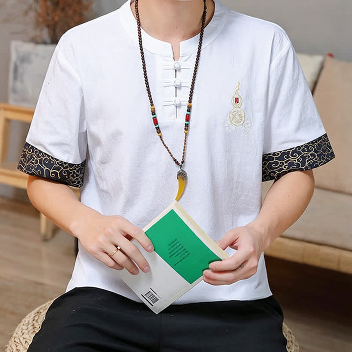 Buddha Stones Camicia da uomo a maniche corte, tinta unita, stile estivo Tang, con bottoni a forma di rana e ricamo a zucca. - image 27