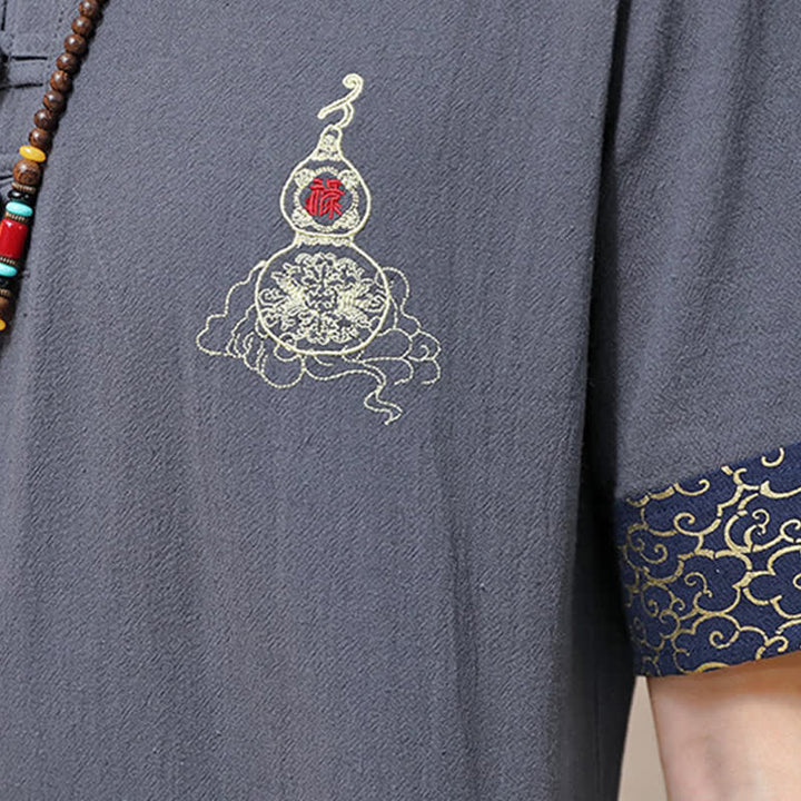 Buddha Stones Camicia da uomo a maniche corte, tinta unita, stile estivo Tang, con bottoni a forma di rana e ricamo a zucca. - image 19