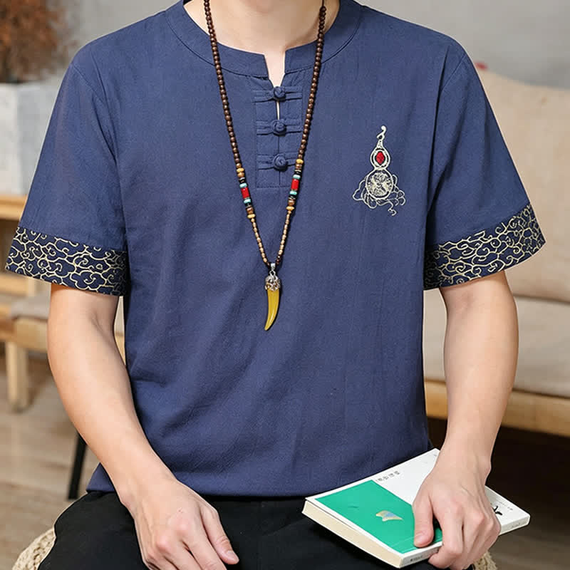 Buddha Stones Camicia da uomo a maniche corte, tinta unita, stile estivo Tang, con bottoni a forma di rana e ricamo a zucca. - image 4