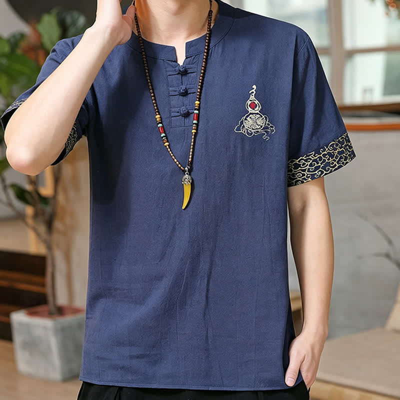 Buddha Stones Camicia da uomo a maniche corte, tinta unita, stile estivo Tang, con bottoni a forma di rana e ricamo a zucca. - image 2