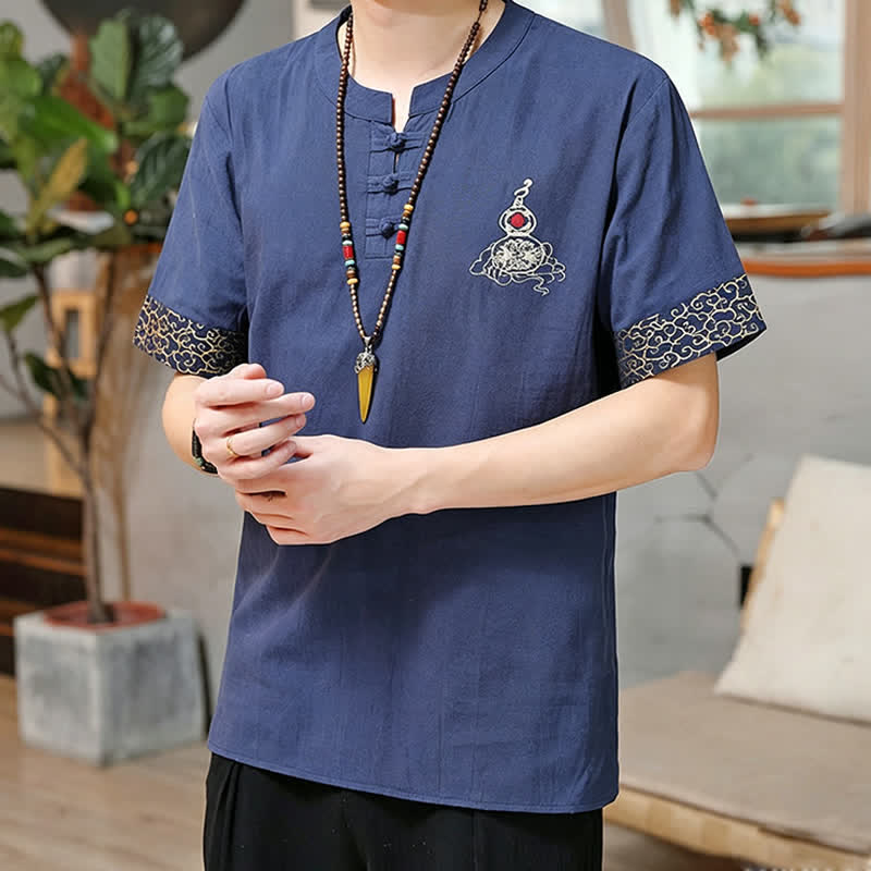 Buddha Stones Camicia da uomo a maniche corte, tinta unita, stile estivo Tang, con bottoni a forma di rana e ricamo a zucca. - image 1
