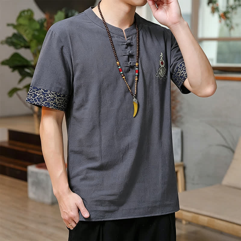 Buddha Stones Camicia da uomo a maniche corte, tinta unita, stile estivo Tang, con bottoni a forma di rana e ricamo a zucca. - image 11