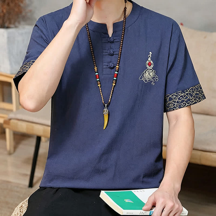 Buddha Stones Camicia da uomo a maniche corte, tinta unita, stile estivo Tang, con bottoni a forma di rana e ricamo a zucca. - image 3