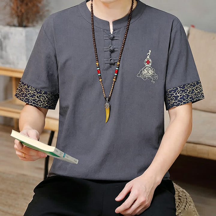 Buddha Stones Camicia da uomo a maniche corte, tinta unita, stile estivo Tang, con bottoni a forma di rana e ricamo a zucca. - image 14
