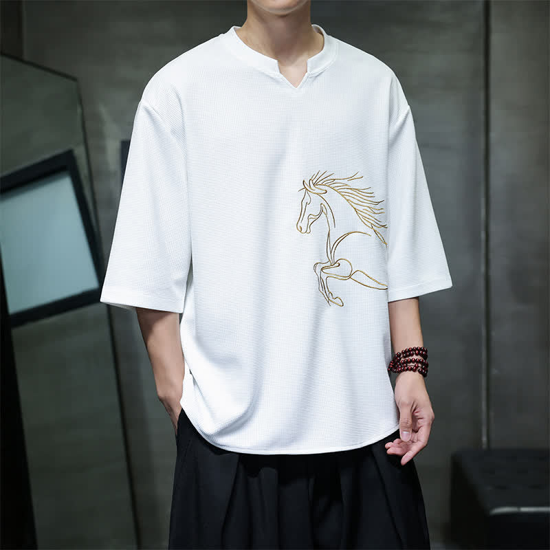 Buddha Stones T-shirt da uomo a maniche corte in cotone, stile casual estivo e minimalista, con ricamo di un cavallo. - image 1